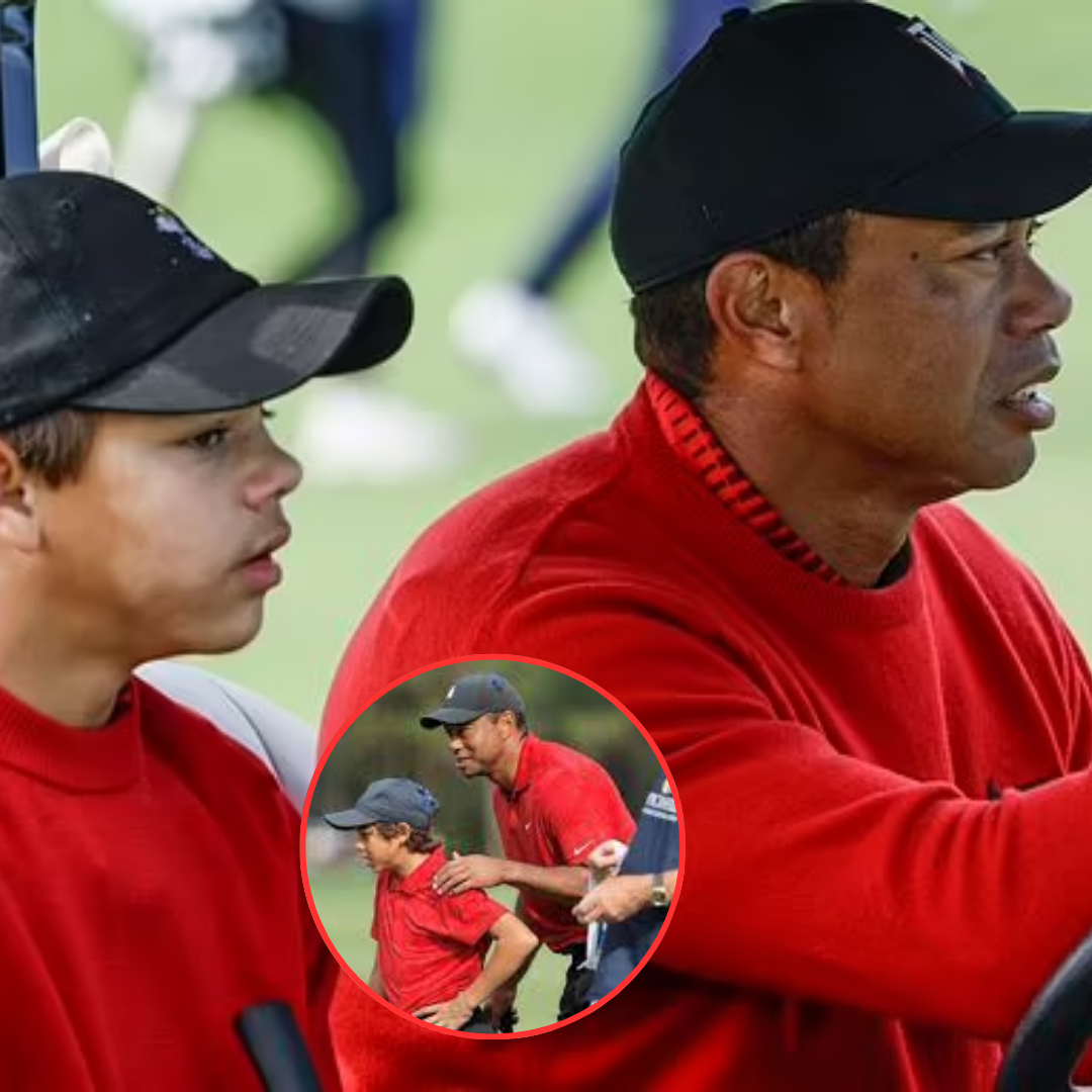 Cover Image for Tiger Woods and son Charlie, 13, take to the PNC Championship course in their Sunday red in battle for victory in Florida but finish six shots behind Team Singh – with the pair fighting through the pain barrier to compete!