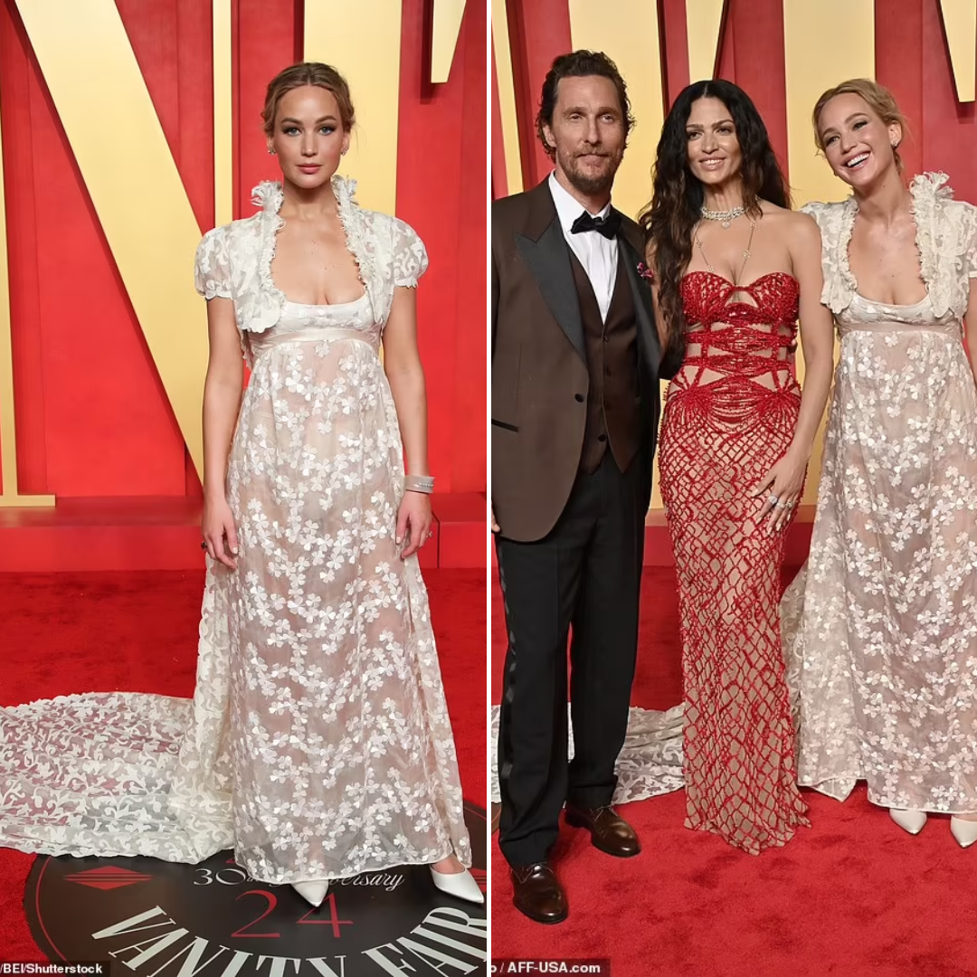 Cover Image for Jennifer Lawrence looks ethereal in white lace gown and matching cropped jacket with cascading train at the 2024 Vanity Fair Oscar Party