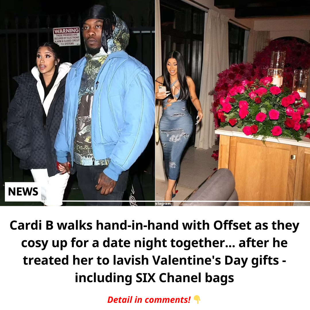 Cover Image for Cardi B walks hand-in-hand with Offset as they cosy up for a date night together… after he treated her to lavish Valentine’s Day gifts – including SIX Chanel bags