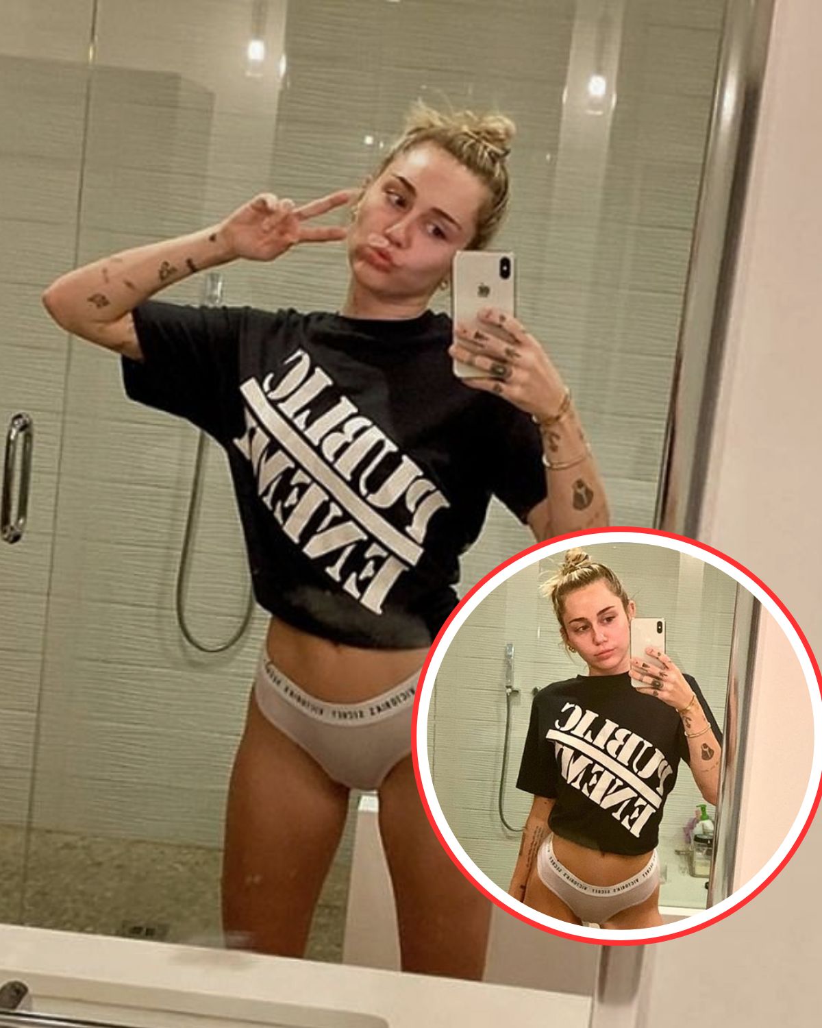 Cover Image for Miley Cyrus poses in her underwear and ‘Public Enemy’ t-shirt for sizzling selfies.