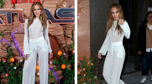 Cover Image for Jennifer Lopez wows in a transparent white outfit at a press trip with costars Simu Liu and Real K. Brown for Netflix’s Chart book in New York City