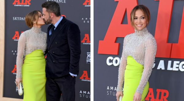 Cover Image for Bennifer’s hot date at Air premiere! Glamorous Jennifer Lopez kisses her husband Ben Affleck at star-studded LA red carpet of his new Nike movie