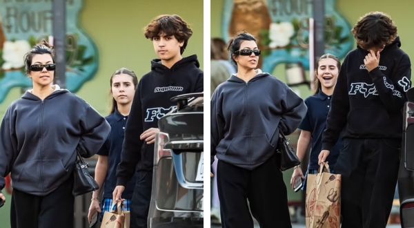 Cover Image for Kourtney Kardashian’s son Mason, 14, towers over her during grocery store run in LA